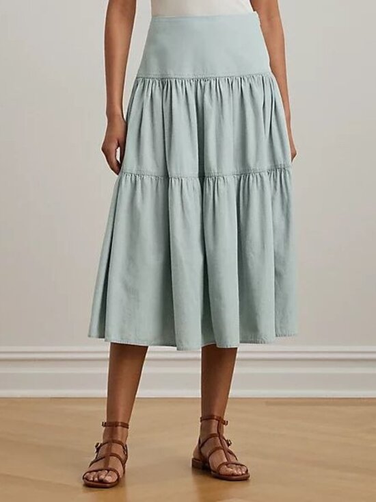 $185 Lauren Ralph Lauren Chambray Tiered Midi Skirt Size 14 - Picture 3 of 10